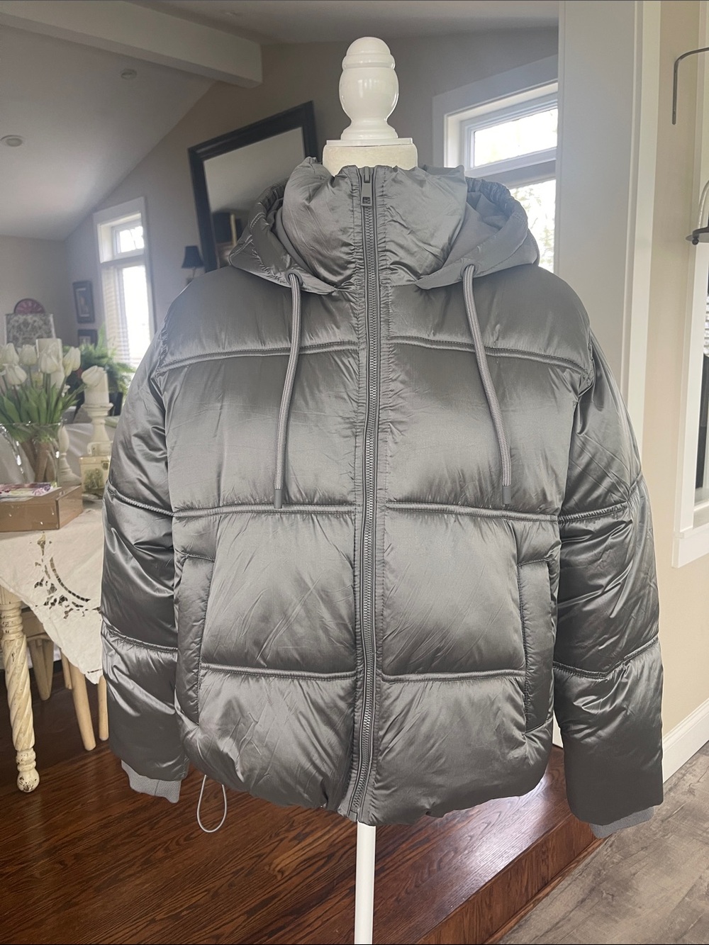 Zara Shiny Hooded Puffer Jacket - Gray